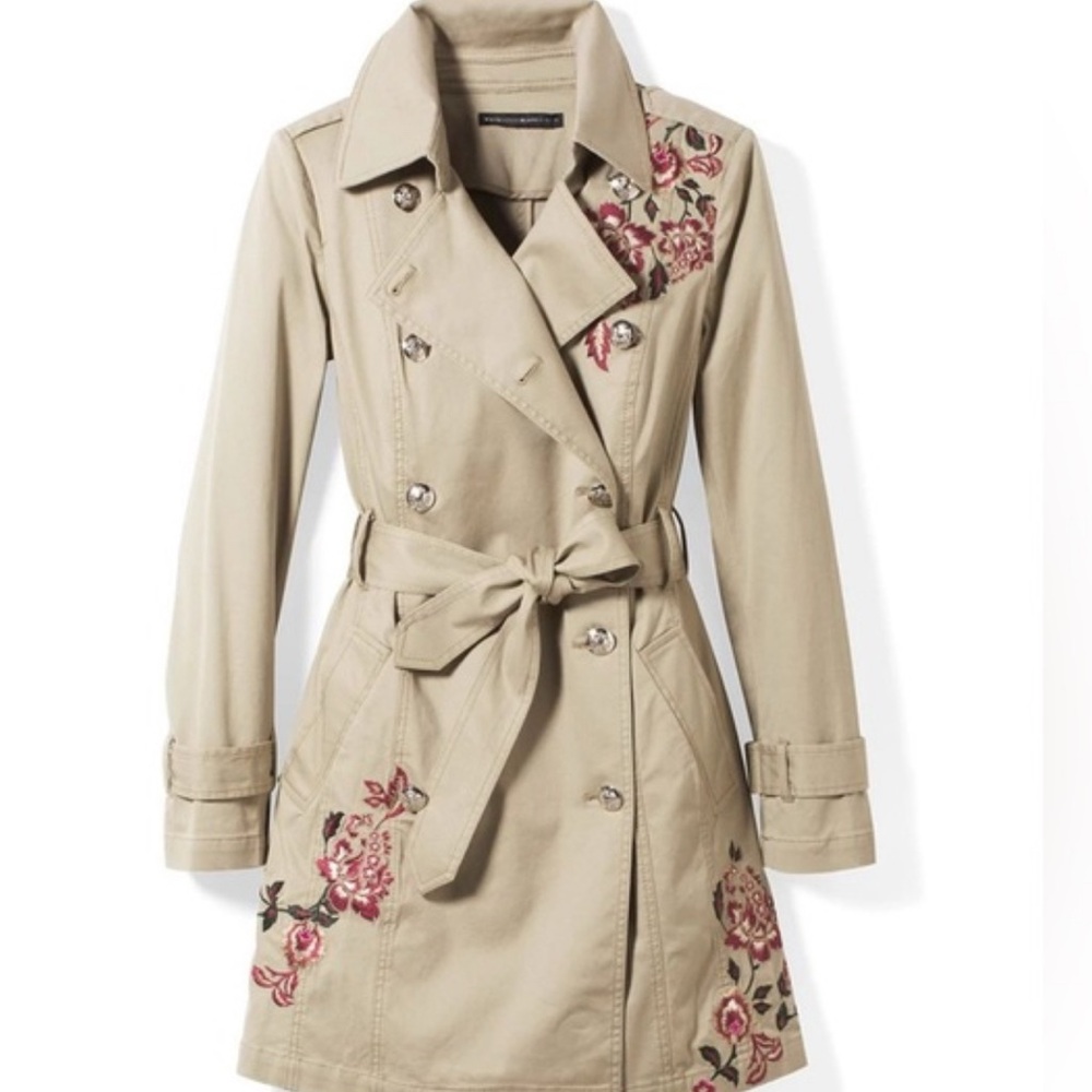 Chico's Tan and Pink Embroidered Trench Coat